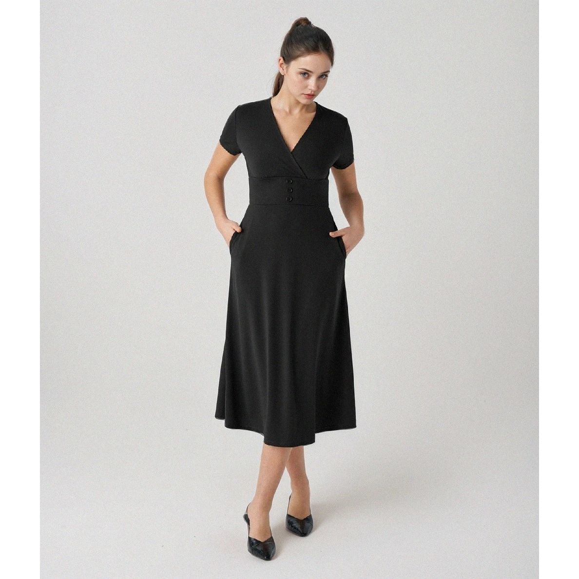 Halara Black Classic Professional Midi Dress V Neck Button Detail Pockets Xs Nwt